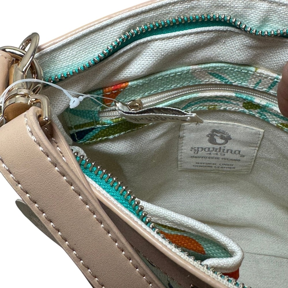Spartina 449 Crossbody Bag 9" Aqua Tropical Floral Tan Adjustable Strap New - Picture 8 of 9